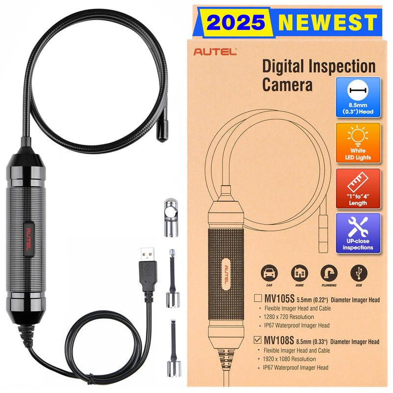 [Australia - AusPower] - Autel MaxiVideo MV108S Digital Inspection Camera, 2025 Upgrade MV108/ MV105S/ MV105, 2MP 1920x1080, IP67 Waterproof Industrial Endoscope, 39.37'' Flexible Snake Cable, Compatible w/Autel Scanner & PC 