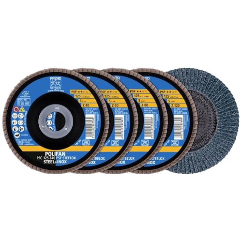 PFERD TOOLS Serrated Washers Set, 4 Pieces, 4 x Polifan Fan Washers 125 x 22.23 mm, Conical, Z40, Z60, Z80, Z120, Universal Line PSF Steelox | 69198300 - for Steel and Stainless Steel (INOX) 4 pieces Zirconia corundum 40 - 120