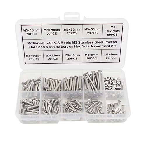 MCMASKE 240-piece M3 stainless steel Phillips flat head machine screws and hex nuts assortment kit
