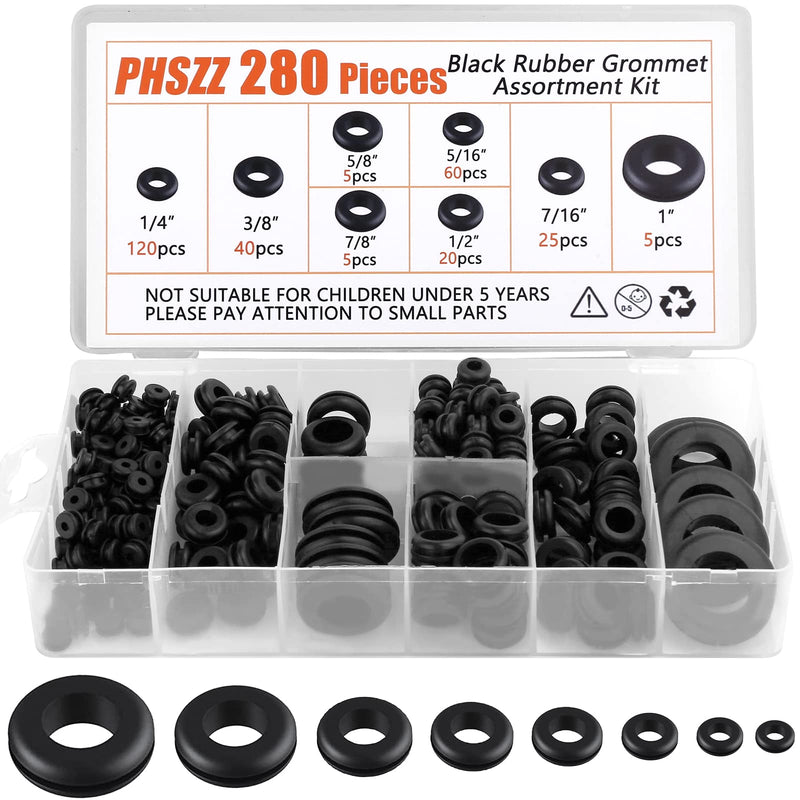 [Australia - AusPower] - PSHZZ 280 PCS Rubber Grommets Kit, Rubber Hole Grommet Gaskets Assortment for Wiring, Wire, Automotive, Firewall, Sheet Metal, Hardware Repair, 8 Sizes 1/4" 5/16" 3/8" 7/16" 1/2" 5/8" 7/8" 1" 