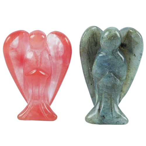 Mini Crystal Angel, 2 Pcs Pocket Carved Gemstone Guardian Figurines Healing Statue Home Decor 1.5 inch, Cherry Quartz+Moonstones Multi 15