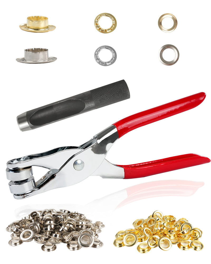 [Australia - AusPower] - 150Pcs 1/2 Inch Grommet Tool Kit, Grommet Kit, Eyelet Kit with Leather Hole Punch Pliers, 150 Metal Eyelets and Grommets in Gold and Silver for Leather, Shoes, Fabric, Belt 