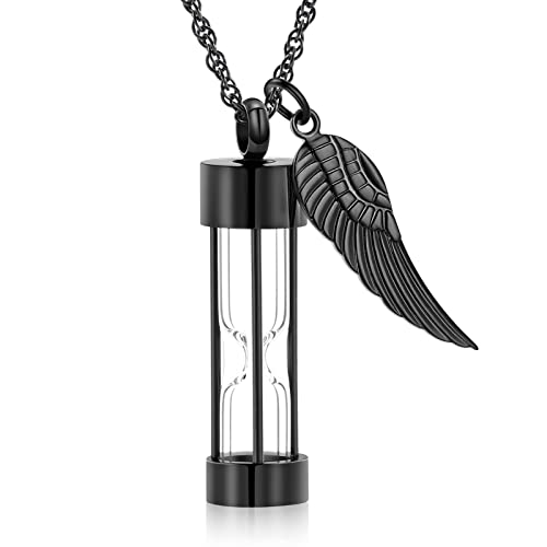 XSMZB Cremation Jewelry for Ashes Timeless Hourglass Cremation Memorial Pendant Stainless Steel Urn Necklace for Human Pet Ashes with Angel Wings Black