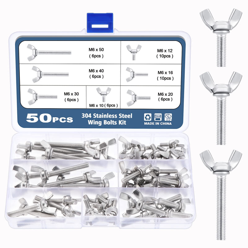 [Australia - AusPower] - OCR 50 Pcs Wing Screws Assortment Kit, 304 Stainless Steel Butterfly Thumb Screw, Metric M6 Wing Bolt Fasteners M6 x 10mm - M6 x 50mm 