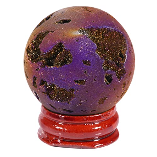 Angel Aura Quartz Druzy Geode Sphere with Wooden Base,Titanium Coated Crystal Quartz Agate Ball Healing Sculpture Statue for Easter Day, Gold-Purple