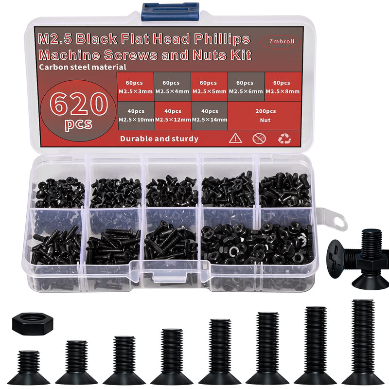[Australia - AusPower] - 620 Pcs M2.5 Flat Head Machine Screws Black Phillips Screws Bolts Nuts Assortment Kit M2.5 x 3mm/4mm/5mm/6mm/8mm/10mm/12mm/14mm 