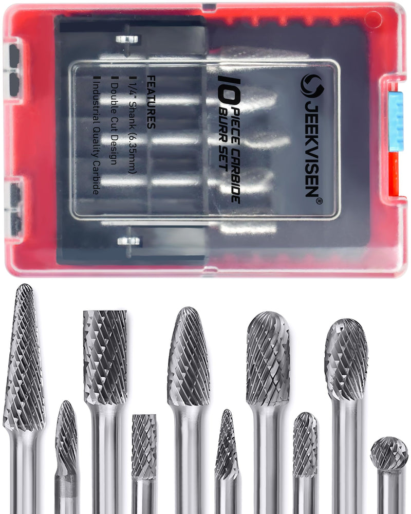 [Australia - AusPower] - Tungsten Carbide Burr Set 1/4" Shank 10Pcs Die Grinder Bits - Double Cut Rotary Burr for Metal Deburring, Finishing, Carving, Grinding, Polishing, Engraving, Drilling 1/4"Shank 10PC 