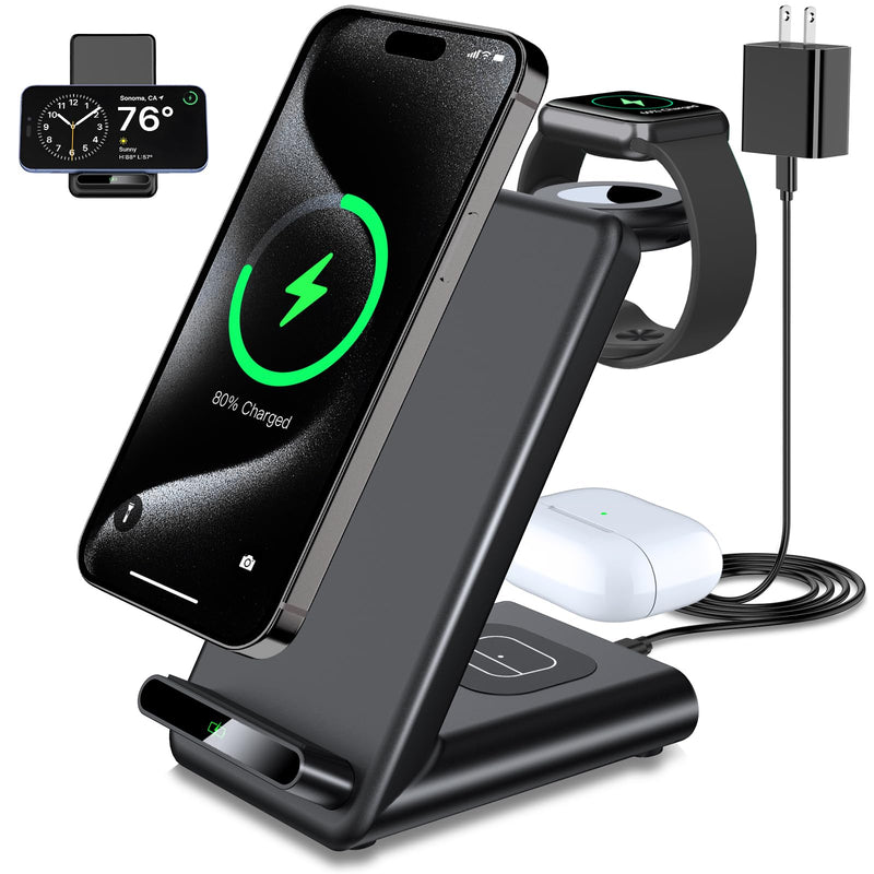 [Australia - AusPower] - Wireless Charging Station,3 in 1 Wireless Charging Stand Made for Apple Watch Ultra 9 8 7 6 SE 5 4 3,Fast Wireless Charger Made for iPhone 15/Plus/Pro Max/14/13/12/11/X,for AirPods Pro(with Adapter) Black 