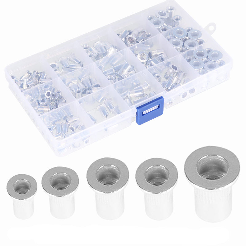 [Australia - AusPower] - 150Pcs Rivet Nuts SAE Rivet Nut Assortment Kit Aluminum Flat Head Threaded Insert Nutserts 6-32 8-32 10-24 10-32 1/4-20 (150Pcs) 