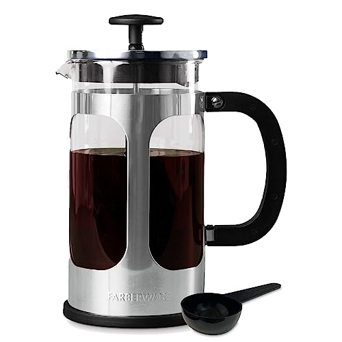 Farberware French Press Coffee Maker, Tea & Espresso Maker, Stainless Steel Cold Brew Press, Heat-Resistant Borosilicate Glass, BPA-Free, Measuring Spoon Included, 8 Cup Capacity (Stainless)