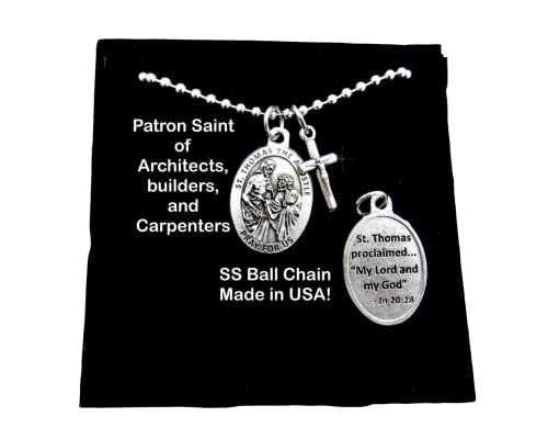 Saint Thomas the Apostle Mens Crucifix Catholic Boys Cross Confirmation Cross Silver Stainless Steel 2.4mm Ball Chain