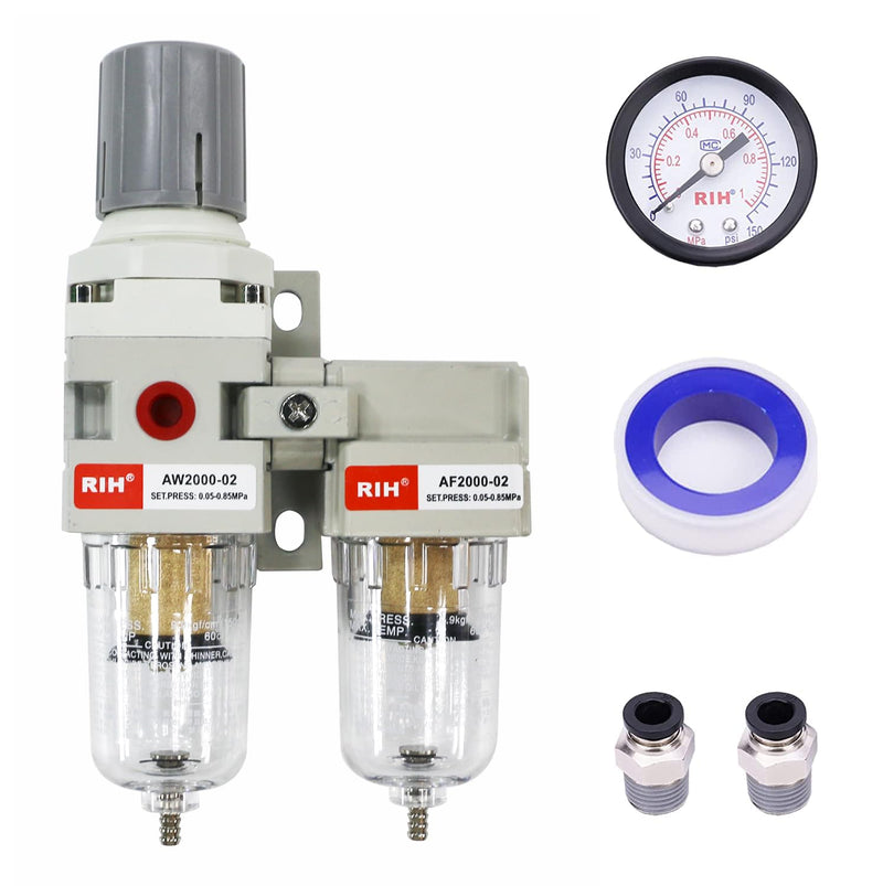 [Australia - AusPower] - RIH Air Dryer System -1/4" NPT Double Air Filters-5 Micron Particulate Filter& Air Pressure Regulator - Gauge(0-150 psi), Semi-Auto Drain, Poly Bowl,Bracket - 3 in 1 Two Unit (1/4" NPT) 1/4" NPT 