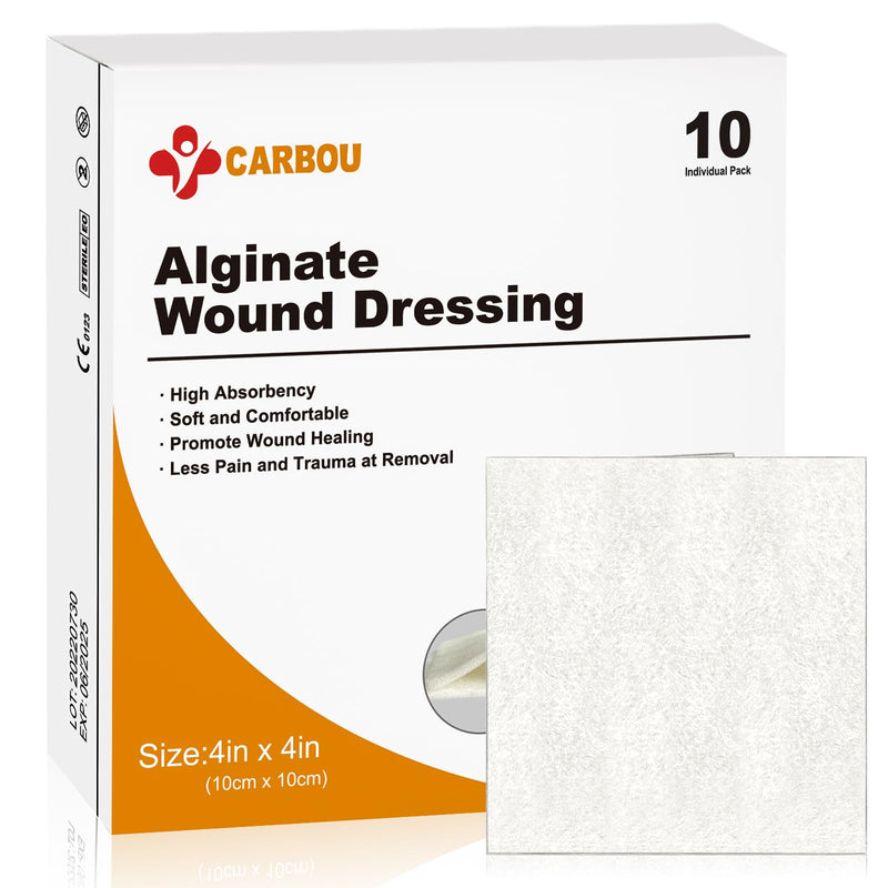 [Australia - AusPower] - Carbou Calcium Alginate Wound Dressing, 4'' x 4'' Patches,10 Individual Sterile Pads, Soft and Highly Absorbent Dressing Gauze, Non-Stick Padding 4x4 In (Pack of 10) 