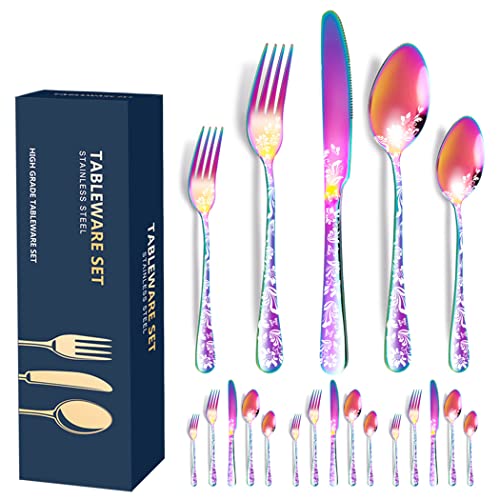 XIAOYU 20-piece stainless steel flatware set with rainbow finish, includes knives, forks, and spoons for four, dishwasher safe, unique pattern design.