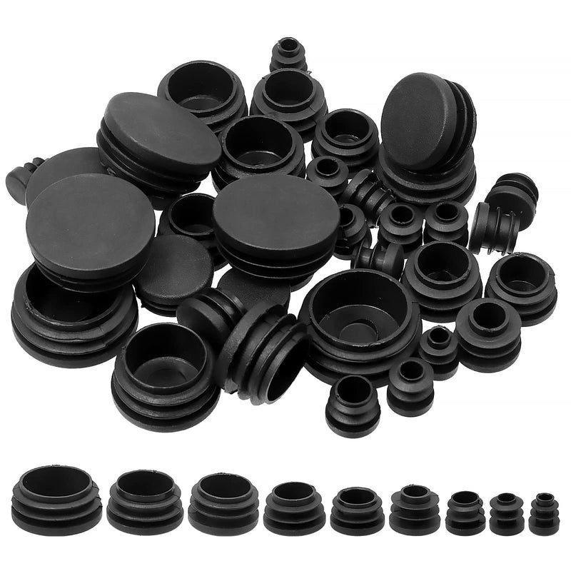 Swpeet 180Pcs 9 Sizes 15/32" 11/20" 3/5" 3/4" 9/10" 1" 1-1/5 1-1/4" 1-1/2" Black Round Plastic Plug Tubing End Caps Assortment Kit, Tubing Post End Cap for Metal Tubing and Furniture Protection Glide