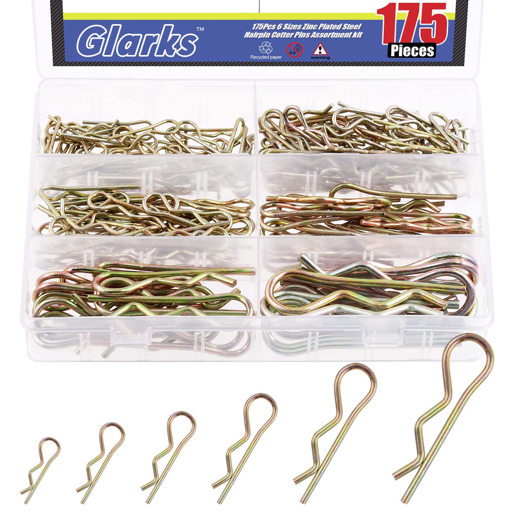 Glarks 175Pcs Hairpins R Clips Cotter Pins Assortment Kit 6 Sizes Zinc Plated Carbon Steel R Pin Hair Pin Clips Spring Fasteners for Hitch Pin Lock Systems