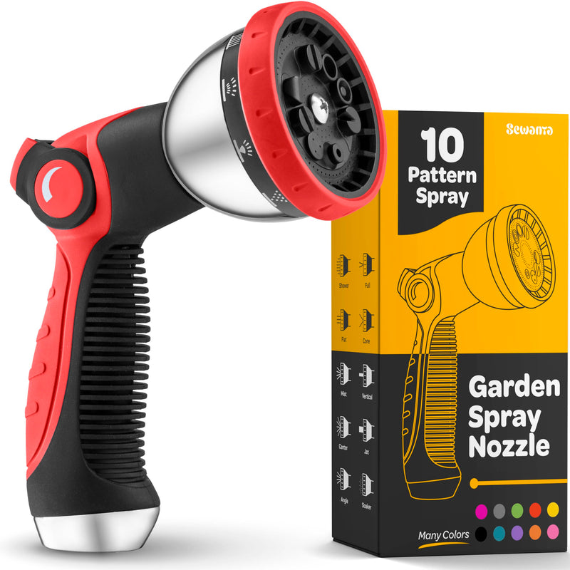 [Australia - AusPower] - Hose Nozzle [Red] Heavy Duty Hose Sprayer With 10 Adjustable Watering Patterns. Thumb Control Design, Comfortable Ergonomic Grip, Garden Hose Nozzle for Watering Plants & Lawns/Fun showers/Cleaning 1 Red 