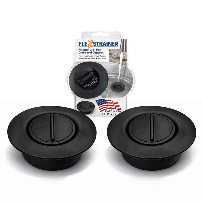 Flex Strainer® Sink Drain Strainer with Optional Stopper – No Center Stem, Fits Standard 3½” Sink Drains & Disposals – Easy Clean, Dishwasher Safe – Made in USA – Black, 2-Pack 2PK