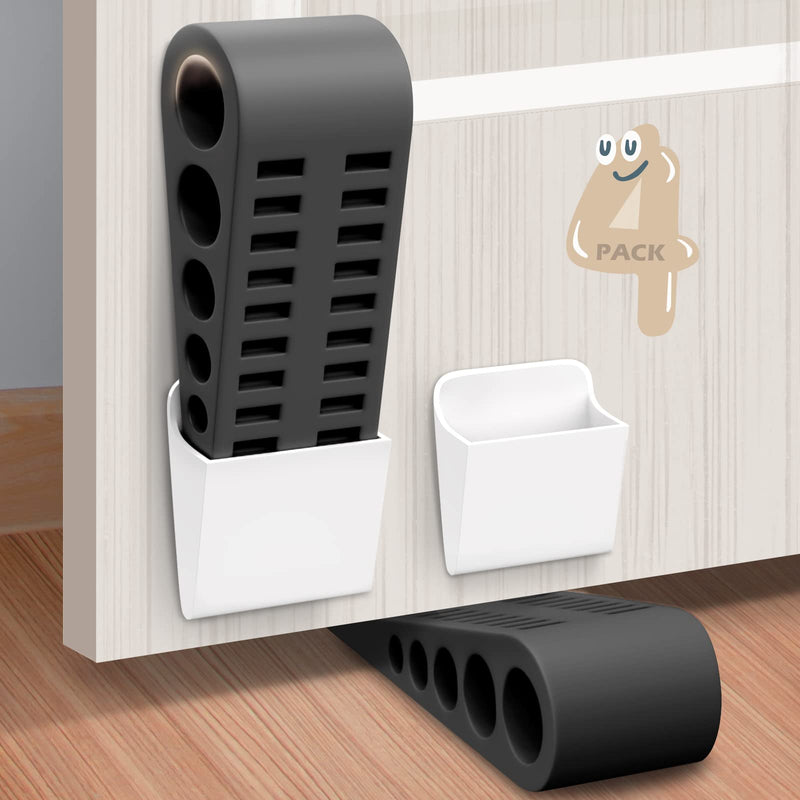[Australia - AusPower] - Rubber Door Stoppers for Bottom of Door - 4 Pack Door Stop Wedge with Holder Heavy Duty Doorstop for Home Office Dorm Classroom Garage Stackable on Multi Floor Carpet Concrete Tile Linoleum & Wood 4 Pack Black 