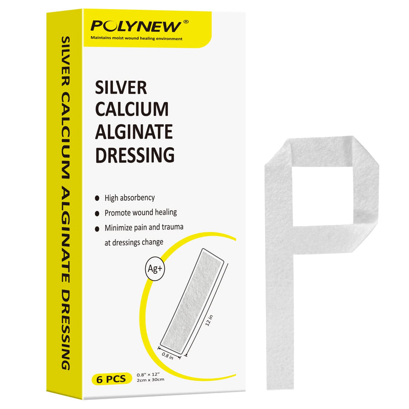 [Australia - AusPower] - Silver Calcium Alginate Dressing, 0.8"x12"-6 Individual Package Highly Absorbent Strip Wound Dressing for Burns, Ulcers, abrasions, Surgical Wounds, Pressure Sore Silver 0.8"x12" (6 Pcs/Box) 