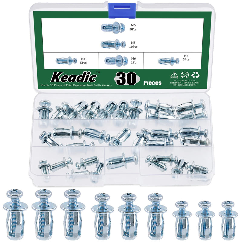 [Australia - AusPower] - Keadic 60Pcs M4 M5 M6 Molly Jack Nuts with Screws Assortment Kit Steel Petal Nuts Large Flange Short Jacknut Expansion Nut Flat Head Threaded Insert Nut for Hollow Wall Iron Plastic Thin Metal Size Assorted Set 