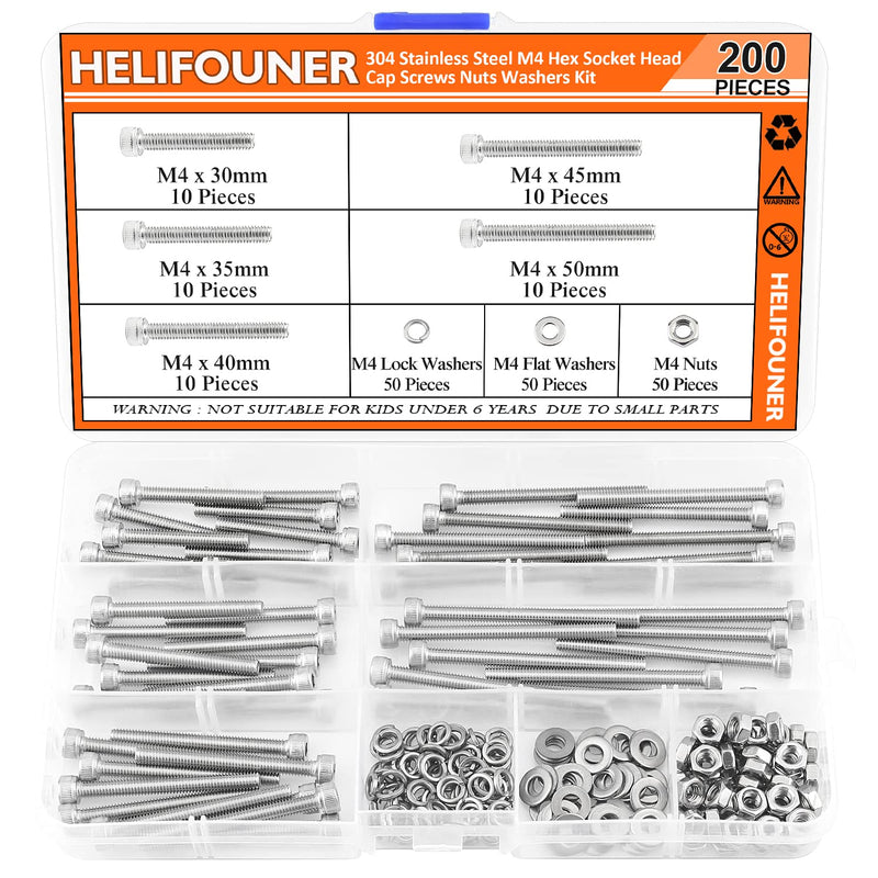 [Australia - AusPower] - 200 Pieces M4 x 30mm /35mm /40mm /45mm /50mm, Hex Socket Head Cap Metric Screws Bolts Washers Nuts Kit, 304 Stainless Steel M4 x 30/35/40/45/50mm 