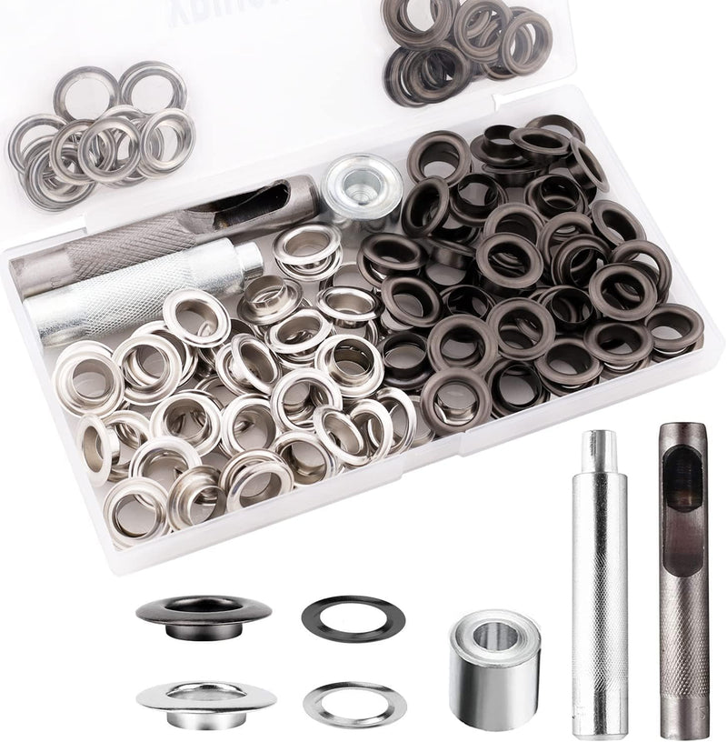 [Australia - AusPower] - Grommet Tool Kit, 1/2 Inch Grommets Eyelets Sets,100 Sets Grommets, Eyelets Kit with 3 Pcs Leather Punch Tool, Stainless Steel Grommets for Fabric, Canvas, Shoes, Tarps, Clothing (Black and Silver) 