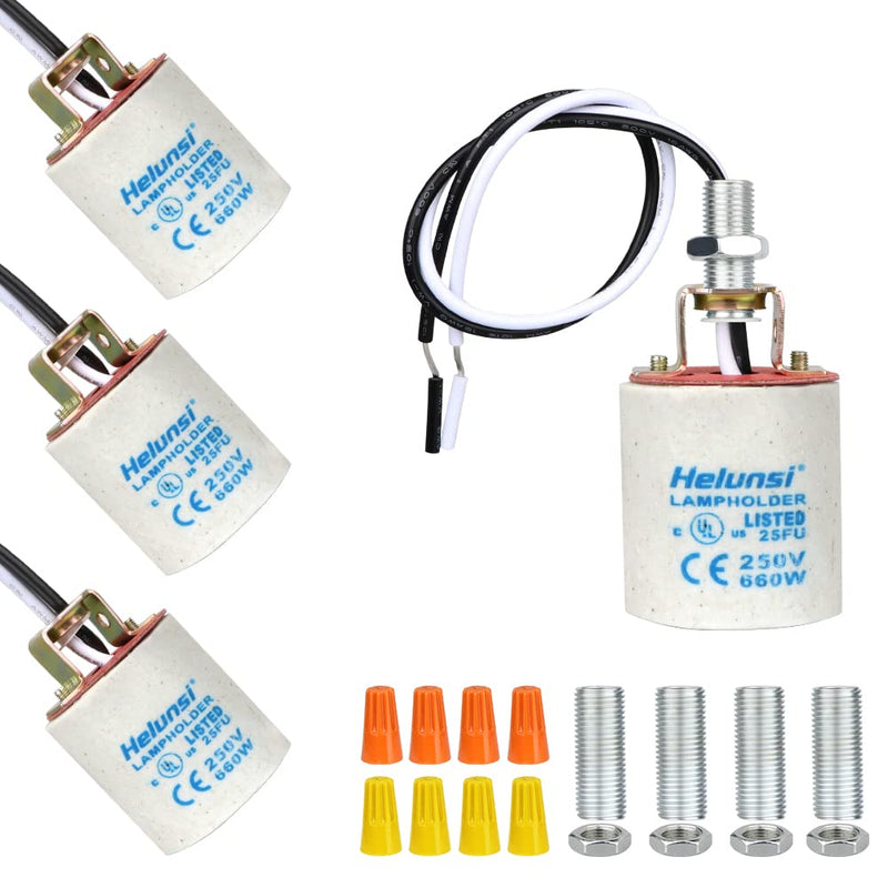 [Australia - AusPower] - E26 E27 Ceramic Light Socket, Helunsi Medium Base Porcelain Lamp Holder, Ceramic Light Bulb Socket with 12" Wire Lead, Medium Base Lampholder for Incandescent Led Light Bulbs Replacement (Pack of 4) Conventional Ceramic 