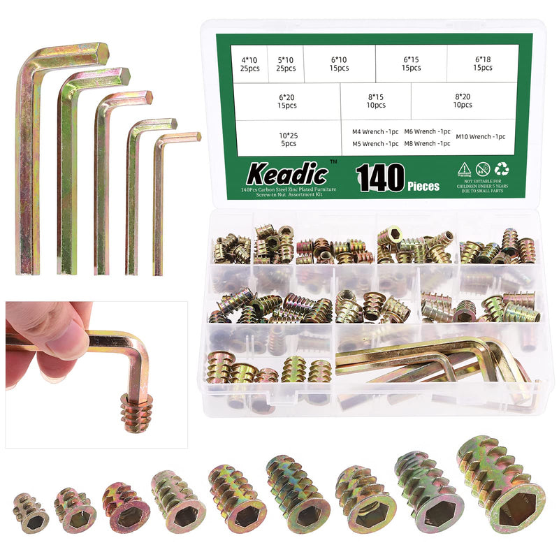 [Australia - AusPower] - Keadic 140Pcs 9 Sizes M4 M5 M6 M8 M10 Zinc Plated Threaded Inserts Assortment Set with Hex Wrench, Hex Drive Wood Nutserts Screw-in Nut Bolt Fastener Connector for Wooden Furniture 