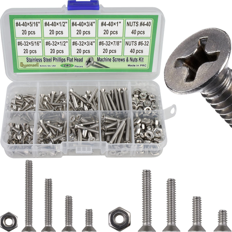 [Australia - AusPower] - Flat Head Screws #4-40#6-32 - Machine Screws Assortment Kit - 240 pcs - Bolts and Nuts Set - Full Thread Small Screws with Storage Box Flat Head 