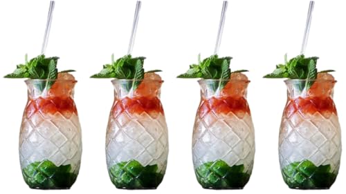 Tiki Drink Glasses 17 Ounces Pineapple Glasses for Cocktails, 4 Pieces, Clear, Tropical Style Novelty Glasses, Hawaii Bar Style, Modern Bar Party Set With Picks (Pineapple 17 oz)