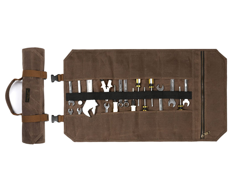 Denifiter Tool Bag, Heavy Duty 16oz Waxed Canvas Tool Roll Up Pouch Tool Organizer, (L) 25" X (H) 14.5" Gray