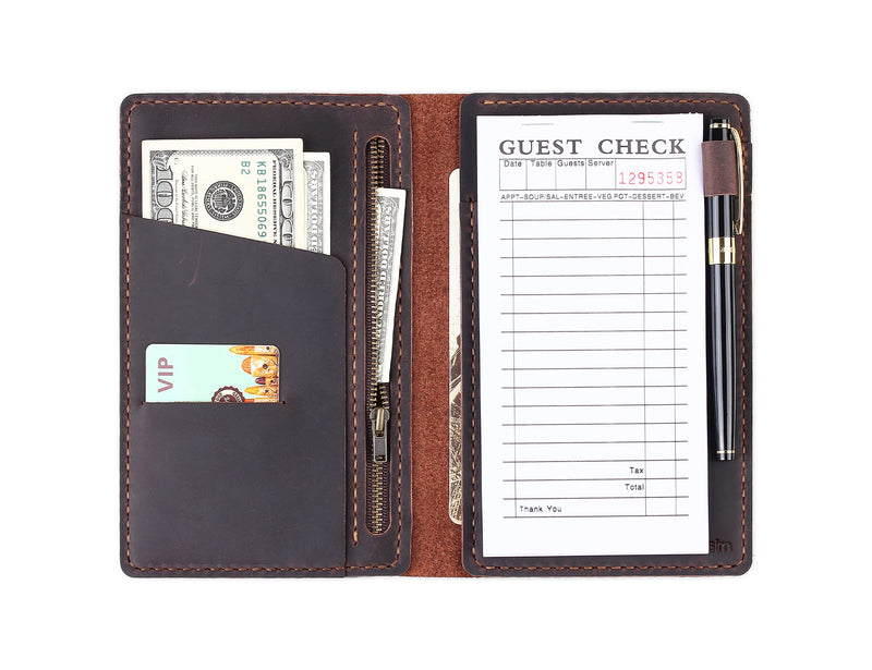 [Australia - AusPower] - Server Book Organizer with Zipper Pocket, Genuine Leather Restaurant Guest Check Presenters Card Holder for Waitress, Waiter Accessories Fit Server Apron - Coffee 