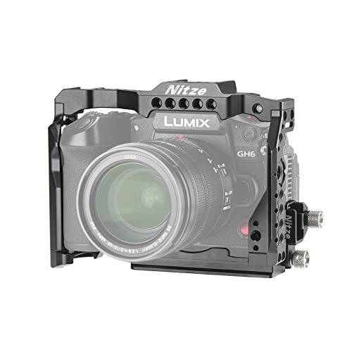 Nitze GH6 Cage for Panasonic GH6 Camera with HDMI Cable Clamp, Built-in NATO Rail and Arca Swiss QR Plate - T-P02B