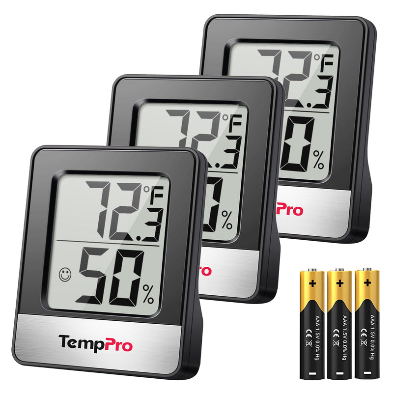 TempPro TP49 3 Pieces Digital Hygrometer Indoor Thermometer Humidity Meter Mini Hygrometer Thermometer with Temperature and Humidity Monitor Room, Black (Previously ThermoPro) Pitch Black
