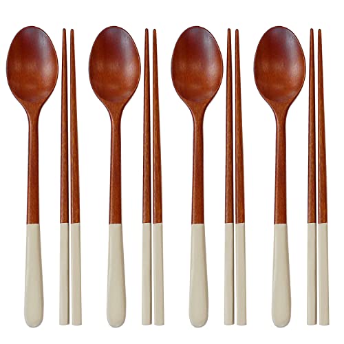 MANMUL sangjeom Korea Style Spoon and Chopsticks Set, 4 set lacquer Wooden Chopsticks Spoon (ivory) Ivory