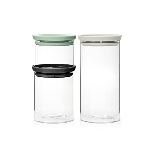 Brabantia 3pc Stackable Glass Food Jars (Mixed Colors) 0.08 + 0.16 + 0.3 Gal Heat-Safe, Dishwasher-Safe, Air-Tight Pantry Organizers Gray / Jade Green 3 Pack