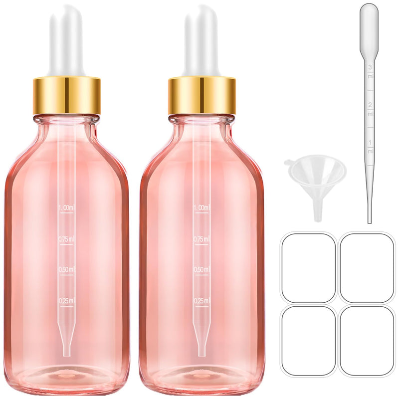 [Australia - AusPower] - Glass Bottle with Dropper, 4 oz Pink Tincture Bottle for Essential Oils with Labels and Funnels, 2 Pack Eye Dropper Bottles with Golden Top (Unbreakable Plastic Eye Dropper with Measurements) 2 Pack-Pink 