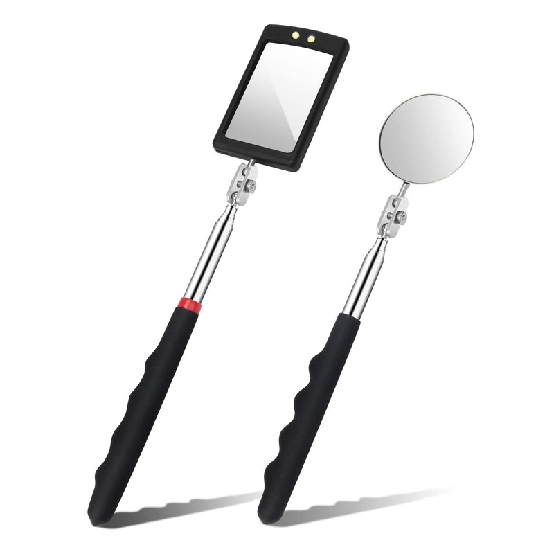 [Australia - AusPower] - 2 Pieces Telescoping Inspection Mirror, Pletpet Round Square Mirror Inspection Tool for Checking Vehicle Telescoping LED Lighted Flexible Inspection Mirror Mechanic Mirror Automotive Mirror Tool 