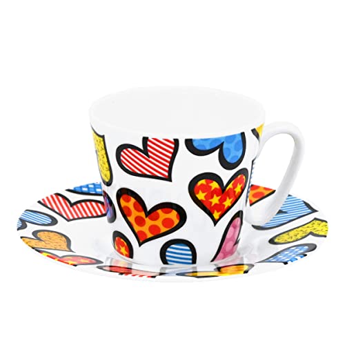 Britto Romero Bone China Espresso Cup & Saucer, 3.3 oz, Hearts, Artwork Design