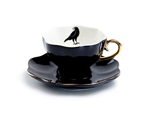 Raven Black Fine Porcelain Tea Cup and Saucer with Hand Painted Gold Trim Crow,Black White and Gold