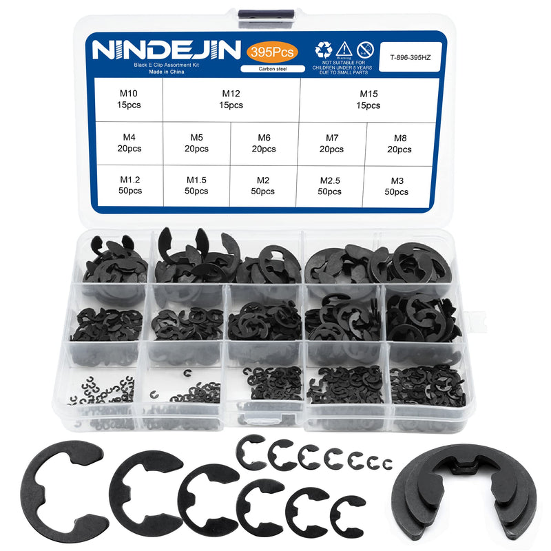 [Australia - AusPower] - NINDEJIN 395PCS Retaining Rings E-Clip Assortment Set, 13 Sizes, Carbon Steel External Snap Ring, E-Clips Retainer Circlip Rings for Projects - Gears Pulleys Axles Shafts and Other Moving Parts E-Clip Carbon Steel (395 pcs) 