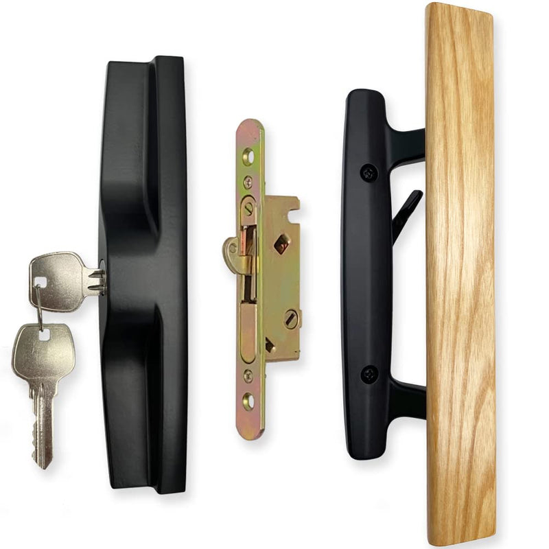 ALLYWASAI Sliding Patio Door Handle Set with Mortise Lock, Key Cylinder and Face Plate, Wood Handle Lock Set Fits Door Thickness from 1-1/2" to 1-3/4", 3-15/16" Screw Hole Spacing, White (Black) Black