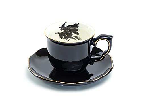 Halloween Witch Black Fine Porcelain Tea Cup and Saucer with Hand Painted Gold Trim