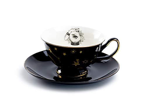 Witch Crystal Black Gold Tea Cup and Saucer with Gold Trim Halloween