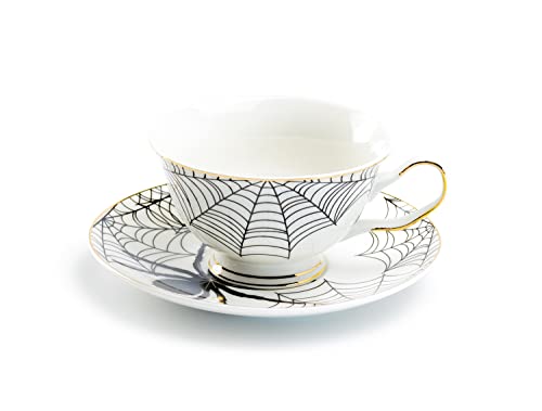 Black Spider White Gold Tea Cup and Saucer with Gold Trim Halloween