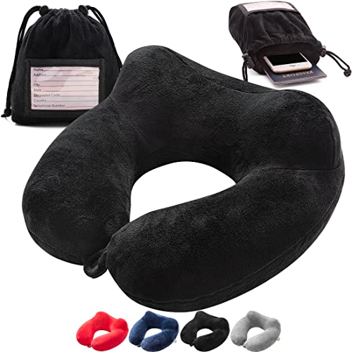 Inflatable Travel Neck Pillow: Extra-Soft, Cushion. for Airplanes, Trains, Cars, Portable Travel Accessory-with Carrying Pouch for Cell Phone and Passport Etc. (Black) (OW-103) Black