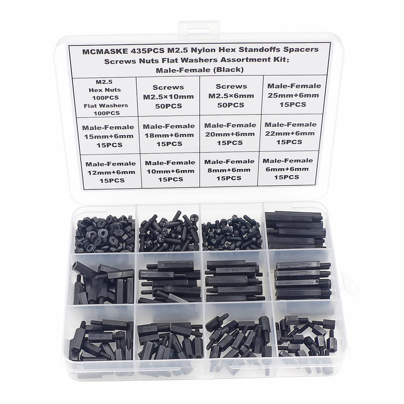 [Australia - AusPower] - 435PCS M2.5 Nylon Hex Standoffs Spacers Screws Nuts Flat Washers Assortment Kit;Male-Female(Black) 