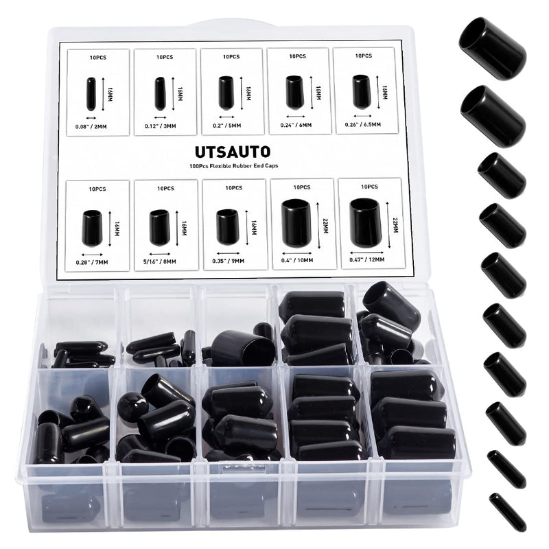 [Australia - AusPower] - UTSAUTO 100Pcs Flexible Rubber End Caps 10 Most Popular Size Round Screw Thread Protectors Black Vinyl Blot Protector Safety Caps Kit for Tube Screw Bolt (2mm,3mm,5mm,6mm,6.5mm,7mm,8mm,9mm,10mm,12mm) 