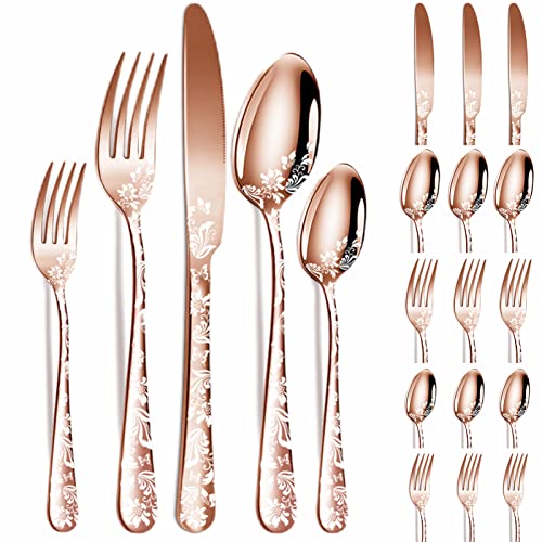 vilihkc 20 piece Unique Pattern Design Silverware Set, Stainless Steel Flatware Set Service for 4, Rose gold Cutlery Set, Mirror Polished Utensil Set for Kitchen, Dishwasher Safe